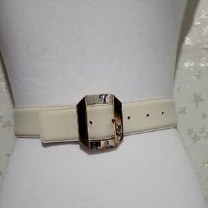 Liz Claiborne Vintage Women’s Cream Wide Belt with Gold Silver  Octagonal Buckle